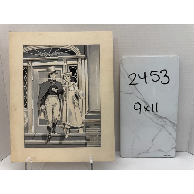 1940s Original Signed Graphite Illustration of Colonial Couple Leaving Townhouse, 11 X 9 In. For Sale - Image 5 of 5