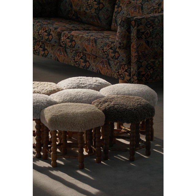 Wood Mid-Century Modern Danish Hexagonal Oak Stool with Lambswool Upholstery, 1950s For Sale - Image 7 of 13