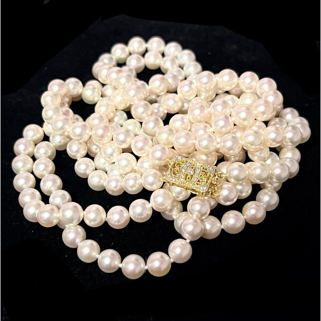 Traditional Akoya Pearl Diamond Double Stranded Necklace 14k Y Gold Certified For Sale - Image 3 of 9