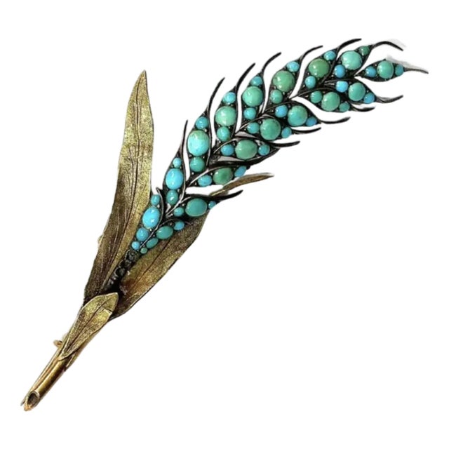 Vintage 14k Gold Turquoise Leaf-Form Brooch, Mid-20th Century, 11.19g For Sale