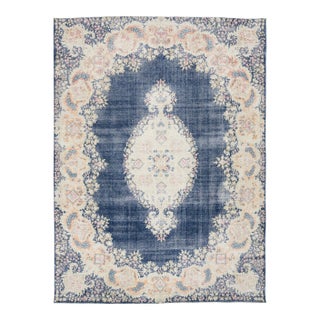 10x13 Antique Persian Kerman Rug - Large Floral Medallion - Navy & Cream For Sale