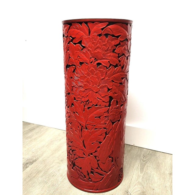 Large Carved Red Cinnabar-Style Lacquer Floor Vase or Umbrella Stand, Beijing Factory For Sale - Image 4 of 17