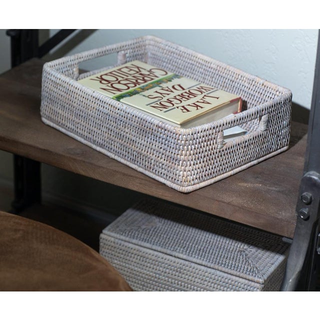 Wood Artifacts Rattan Rectangular Storage Basket with Rounded Corners in White Wash - 14" For Sale - Image 7 of 8