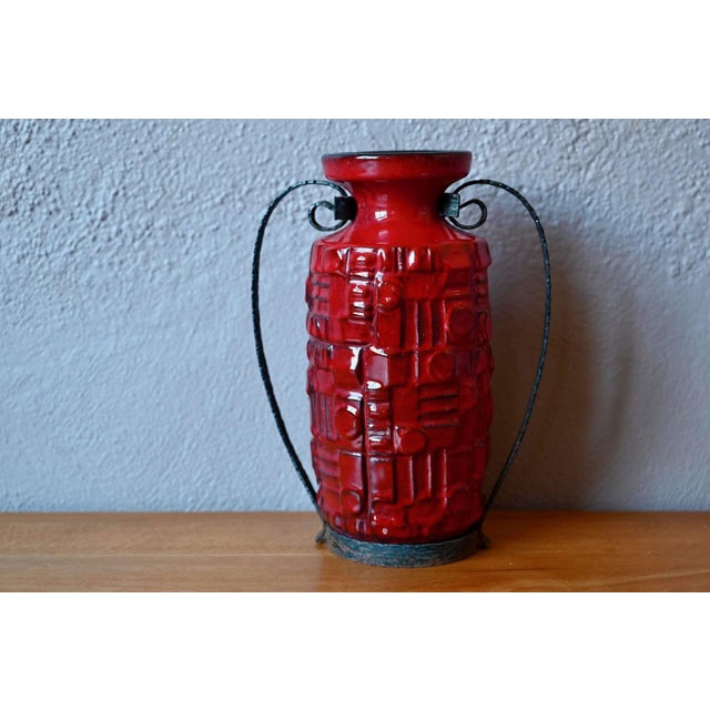 West German Pottery Red Ceramic Floor Vase with Wrought Iron Frame, 1960s For Sale - Image 9 of 9