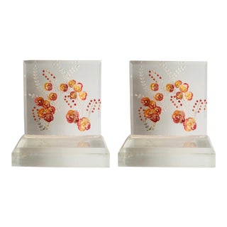 1960s Vintage Lucite Pink and Orange Floral Bookends-a Pair For Sale