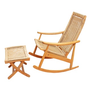 Hans Wegner Style Rope Rocking Chair and Ottoman Set For Sale