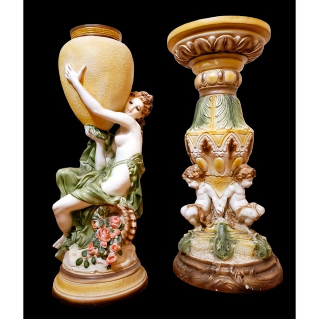 Spectacular Large Chalkware Figurine with Vase on pedestal. Vintage chalkware statue depicting a Grecian-style woman...