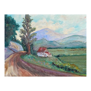 Country Home in Spring, Mid Century Pastoral Landscape With Wildflowers For Sale