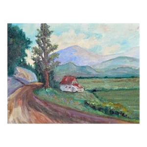 Country Home in Spring, Mid Century Pastoral Landscape With Wildflowers