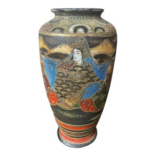 Antique Japanese Satsuma Style Hand Painted Moriage Porcelain Vase For Sale