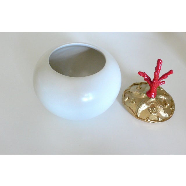 Metal One of a Kind Red Coral, Hand-Carved Gold Plated Lid Round Ceramic Box France For Sale - Image 7 of 10
