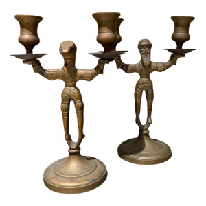 Antique Brass Double Candlestick Holders, Early 20th Century