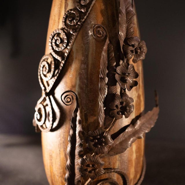 1920s Art Deco Salted Stoneware Shell Vase with Wrought Iron Frame by Roger Guerin & Francois Carion, 1920 For Sale - Image 5 of 16