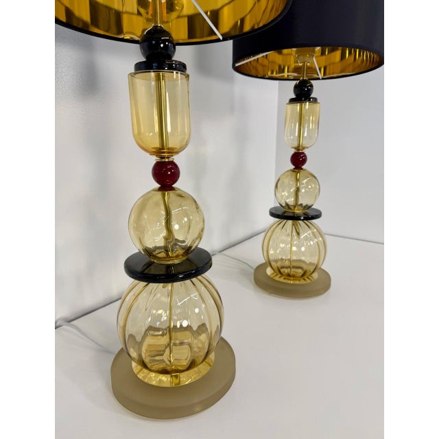 Italian Amber, Burgundy and Black Murano Glass Table Lamps, 2000s, Set of 2 For Sale - Image 13 of 14