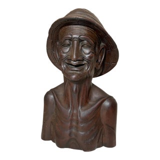 1930s Hand Carved Wooden Balinese Elder Old Man Bust Sculpture Statue Bust For Sale