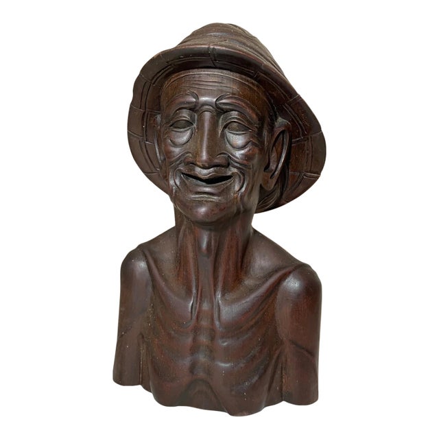 1930s Hand Carved Wooden Balinese Elder Old Man Bust Sculpture Statue Bust For Sale