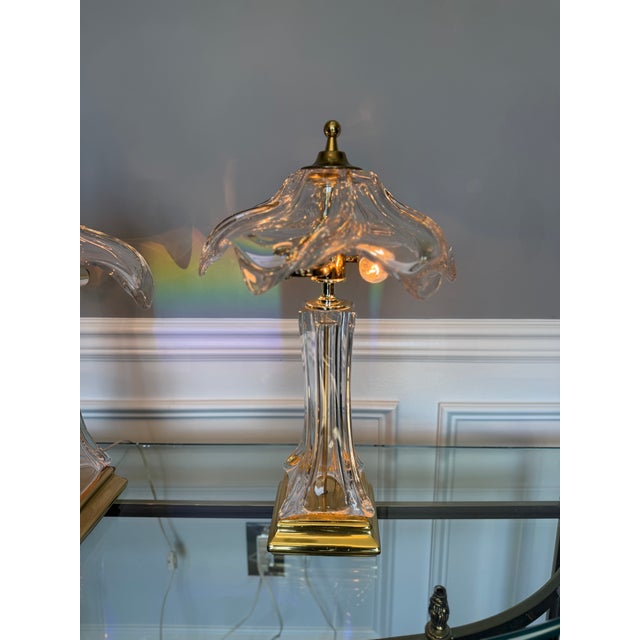 Vintage French Cofrac Art Verrier Style Freeform Crystal, Brass & Sculptural GlassTable Lamps – a Pair For Sale - Image 9 of 10