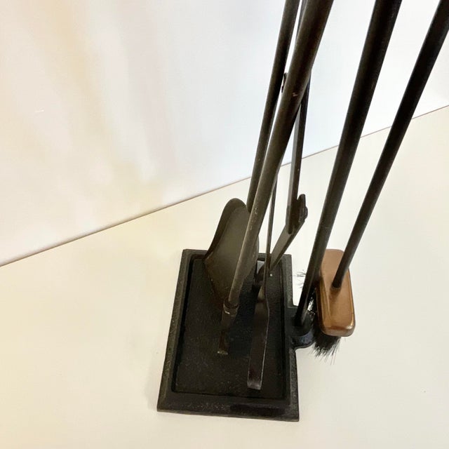 1970s Mid-Century Wrought Iron With Bronze Handle Fireplace Tools & Rack - 5 PCS Set For Sale - Image 14 of 14