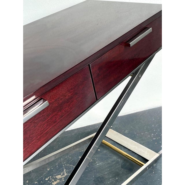 Vintage Chrome and Wood Console Table With Brass Accents For Sale - Image 9 of 12