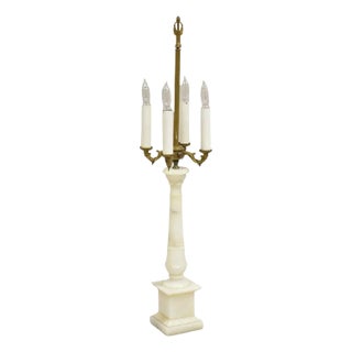 Antique French Empire Style White Carved Alabaster Column Candelabra Table Lamp For Sale