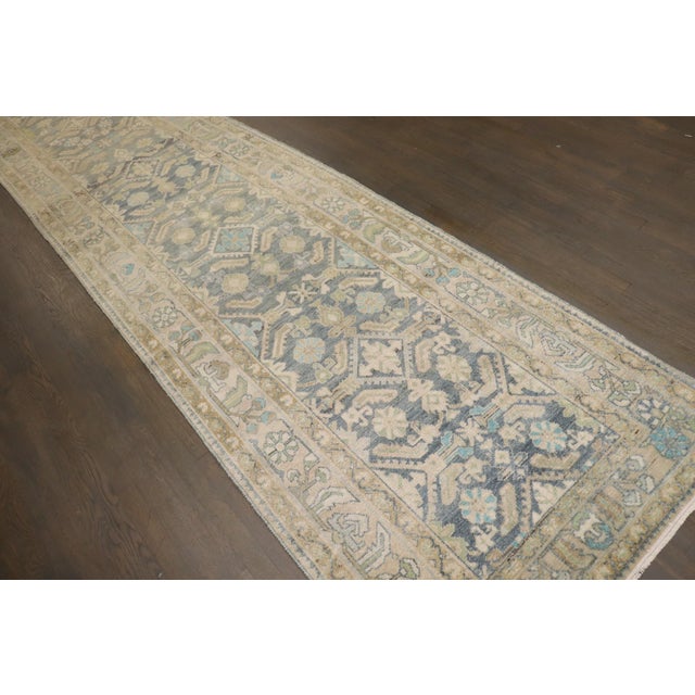 a 1930s Persian Hamedan wide and long Runner in blues, chartreuse and brown tones