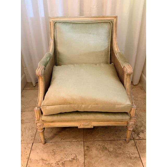 French Mid 20th Century Rare Pair Louis XVI French Style Carved Bergere Chairs With Cane Sides For Sale - Image 3 of 16