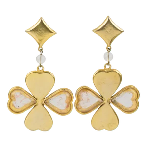 Kenzo Paris Gilt Metal Four-Leaf Clover Dangle Pair of Clip Earrings