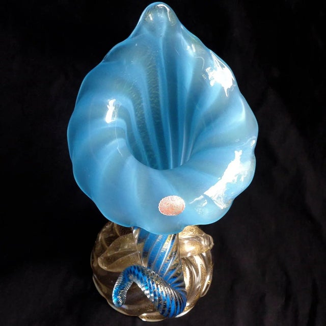 Vintage Murano Seguso Blue Opalescent Gold Flecks Italian Art Glass Mid Century Sculptural Flower Vase For Sale In Orlando - Image 6 of 12