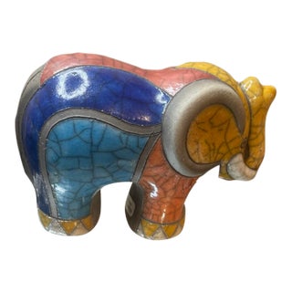 1960s Signed South African 7” Felix Raku Trunk Up Elephant For Sale