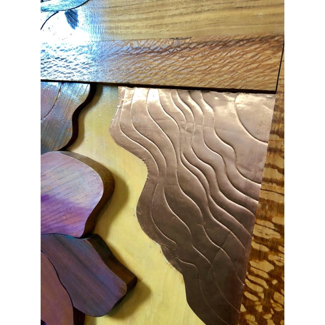 Helen Weber, 1970s Large Wood, Copper Inlay Sculpture Wall Relief Tropical Flowers Motif, c.1970s For Sale - Image 4 of 8