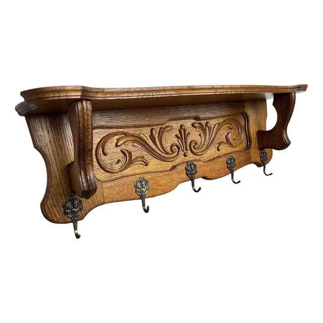 Vintage French Carved Oak Wall Mounted Hooks For Sale