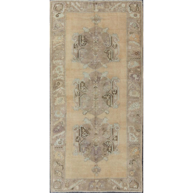 Vintage Turkish Oushak Gallery Rug in Soft Camel, Taupe, and Muted Blue Tones For Sale - Image 9 of 9
