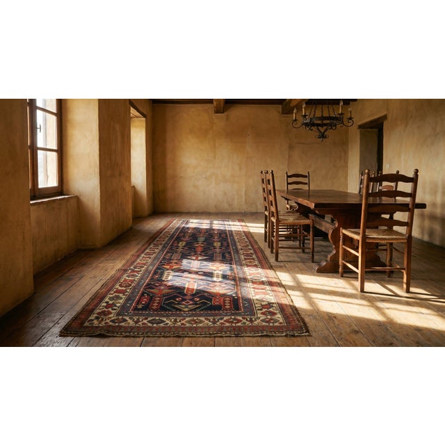 1880s Blue Navy Geomtric Tribal n.w. Persian Carpet 4' X 10' Handmade Wool Rug For Sale In New York - Image 6 of 8