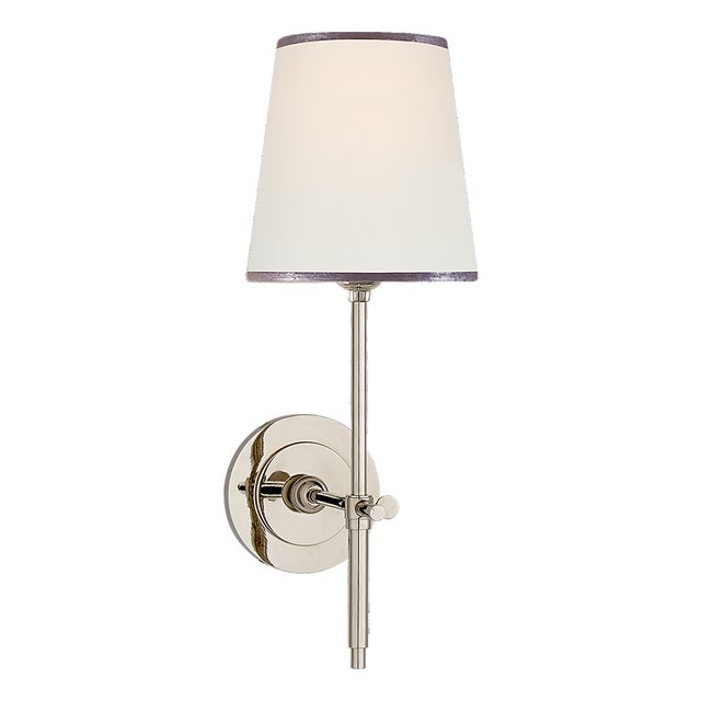 Thomas O'Brien for Visual Comfort Signature Bryant Sconce in Polished Nickel with Linen Shade with Silver Tape For Sale