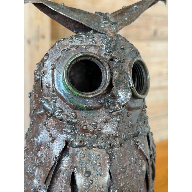 Silver Brutalist Welded Metal Owl Sculpture Candle Holder Folk Art For Sale - Image 8 of 12