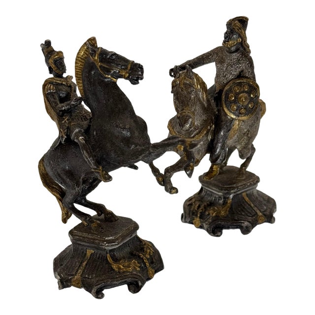 Pair of Vintage Gilded Metal Equestrian Figurines For Sale