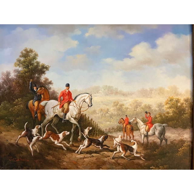 English Original Oil Vintage English Fox Hunting Paintings in Gilded Frame – Traditional Equestrian Sporting Art For Sale - Image 3 of 11