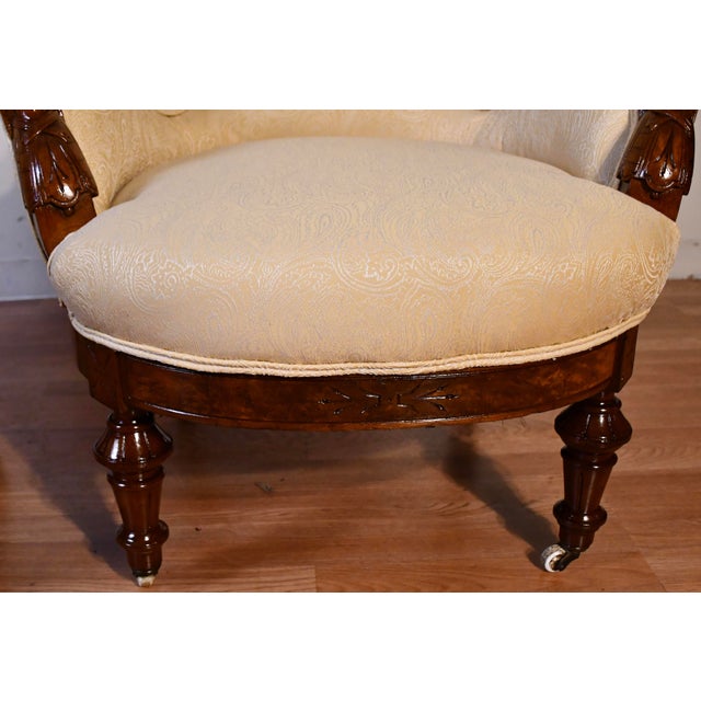 Wood 1880s Antique Pair Victorian Walnut Ladies & Gentleman Living Room Chairs For Sale - Image 7 of 12