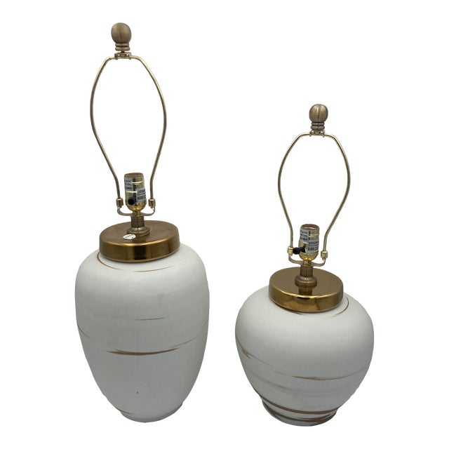 Sahara Sand White Ceramic Table Lamps With Hand Painted Brush Strokes With Shades - a Pair For Sale