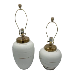 Sahara Sand White Ceramic Table Lamps With Hand Painted Brush Strokes With Shades - a Pair
