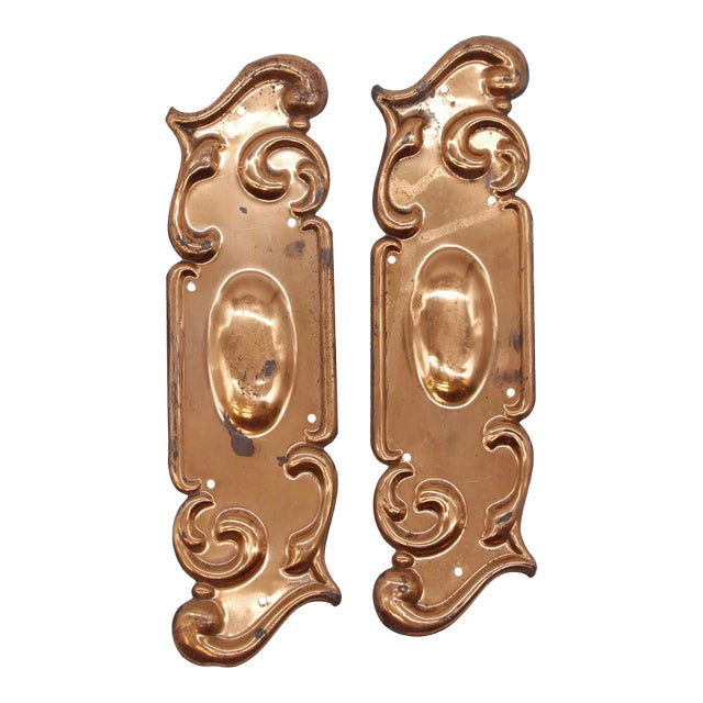 Pair of Mid 20th Century Copper Plated Brass Art Nouveau Door Push Plates For Sale