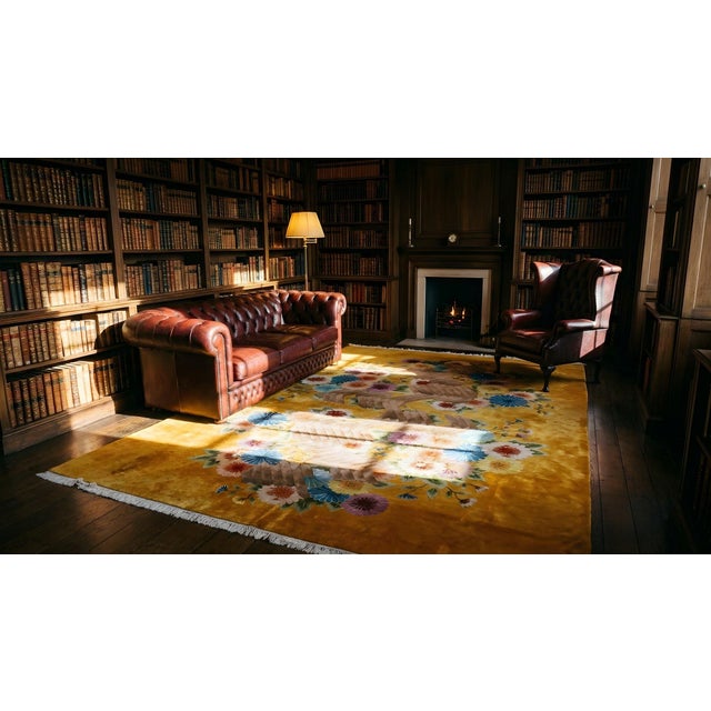 1930s Antique Yellow-Saffron Floral Modern Antique Chinese Art Deco Carpet Rug For Sale - Image 11 of 13