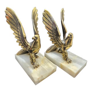 Vintage Art Deco Style Brass Eagles Bookends, Marble Base 7" tallVintage Art Deco Style Brass Eagles Bookends, Marble Base 7" Tall For Sale