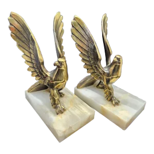 Vintage Art Deco Style Brass Eagles Bookends, Marble Base 7" tallVintage Art Deco Style Brass Eagles Bookends, Marble Base 7" Tall