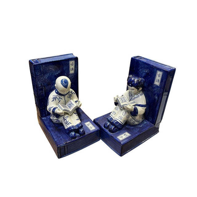 Porcelain Blue & White Kid Reading Book Figure Bookend Stopper For Sale - Image 4 of 6