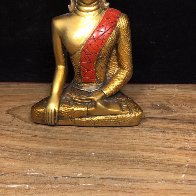 Metal Vintage Gilt Bronze Seated Buddha Statue With Red Robe For Sale - Image 7 of 9