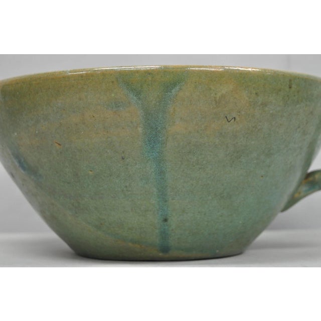 Vintage Primitive Green Glazed Ceramic Pottery Large Mixing Bowl W Handle For Sale - Image 15 of 18