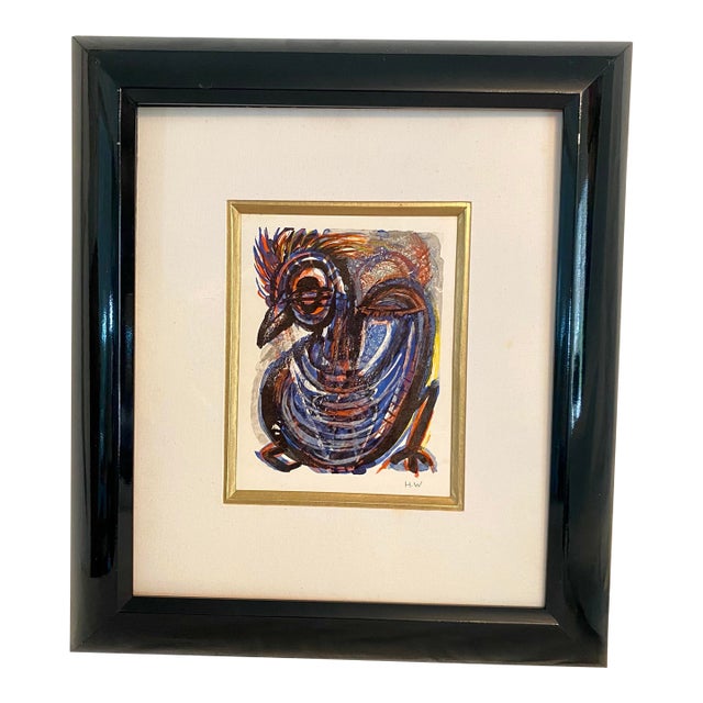 Vintage Mixed Media Painting by School of Paris Artist Henri D Waroquier - Oiseau Bird For Sale