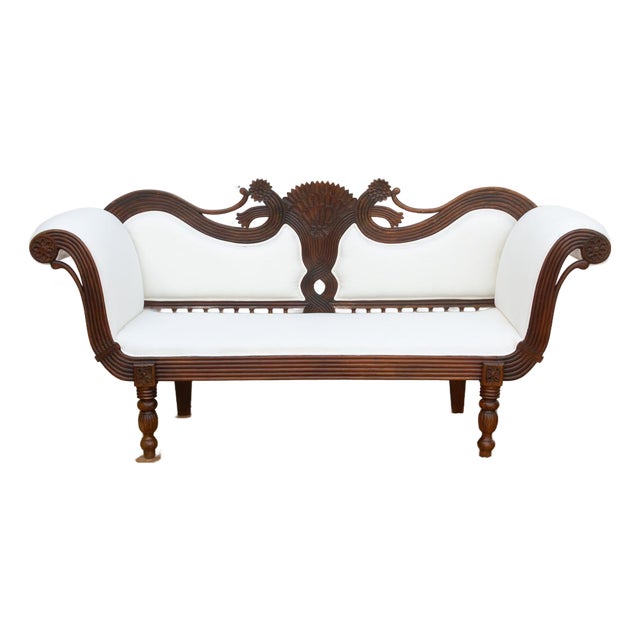 Rare Malabar Hand-Carved Upholstered Settee For Sale