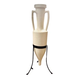 Vintage MCM Amphora Vessel Tall Iron Stand Large Vase 34” For Sale